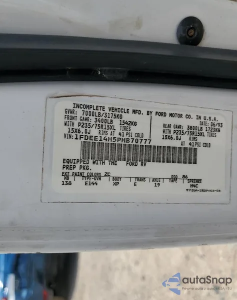 1993 Ford Econoline E150 Van z USA, uszkodzony, nr VIN 1FDEE14H5PHB70777